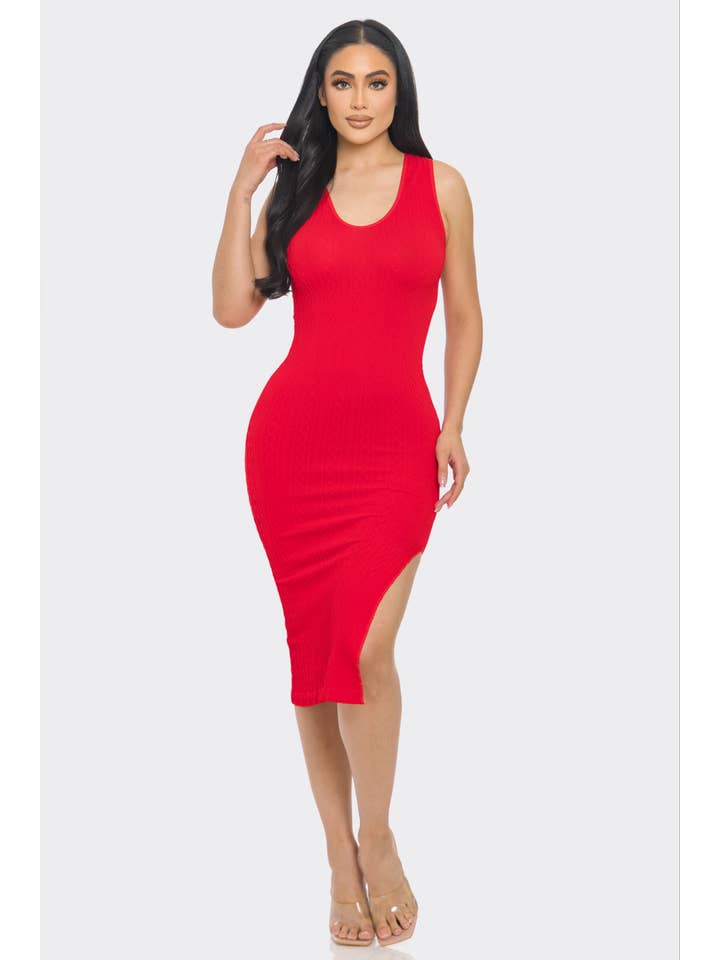 Lime All the Time - Wholesale Dress - Women's - Chain Textured Round Neck Sleeveless Side Split Midi Dress5