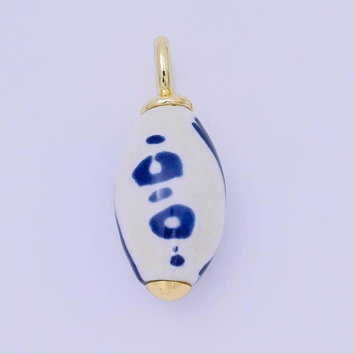24K Gold Filled Blue-White Porcelain Oblong Drop Charm | AF1280 for wholesale by Aim Eternal
