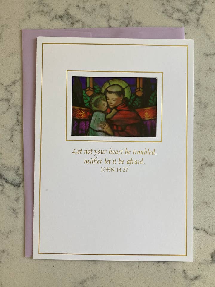 Carte d'encouragement pour Saint Antoine de Padoue en forme d'attrape-soleil pour la vente par Bright Greetings