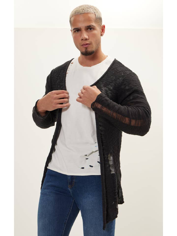 Men's Grunge Long Cardigan - Black for wholesale on Faire
