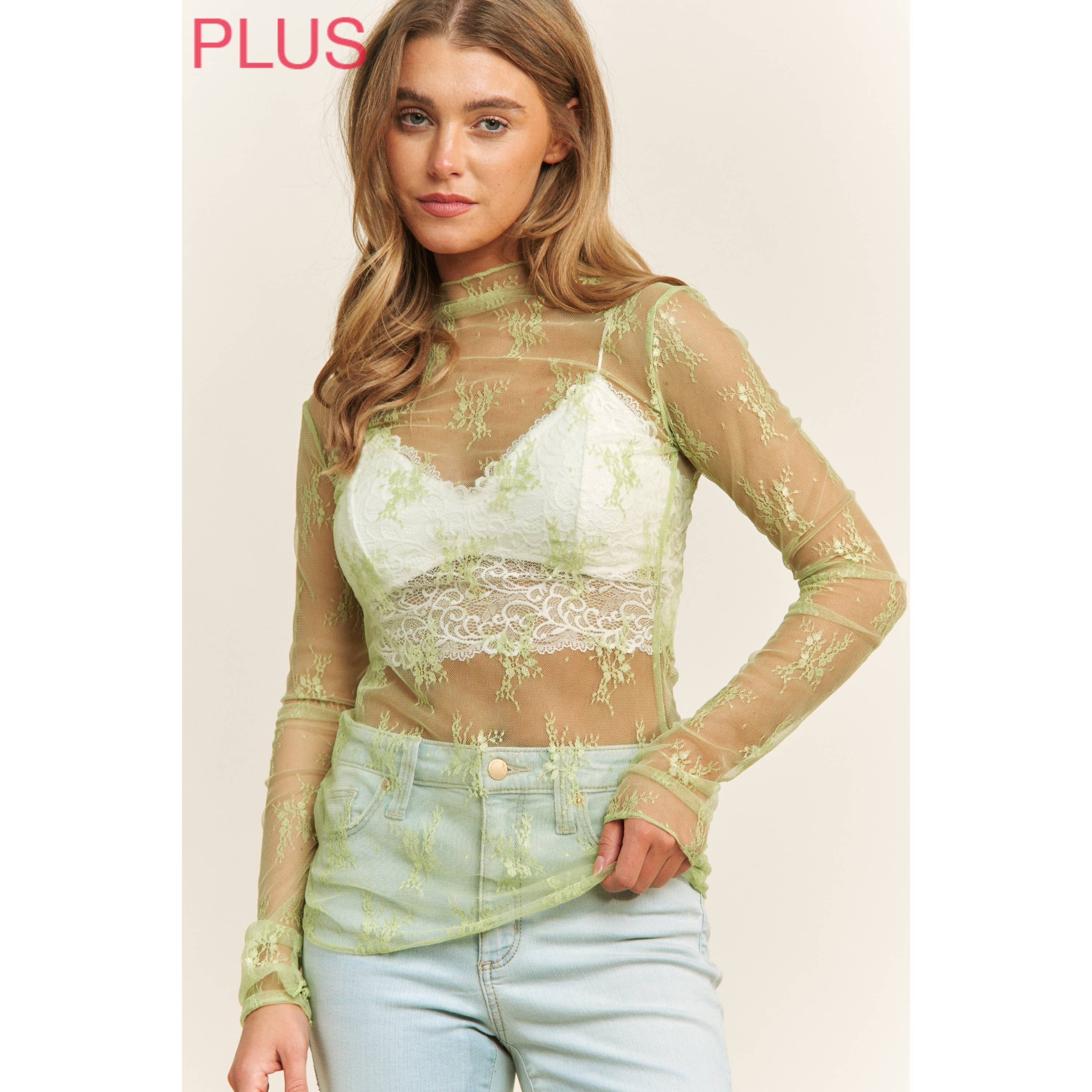 Sweet Generis – Engroshandel Strikket top - Dame – Plus size top med blondemesh, høj hals og tætsiddende pasform med lange ærmer55