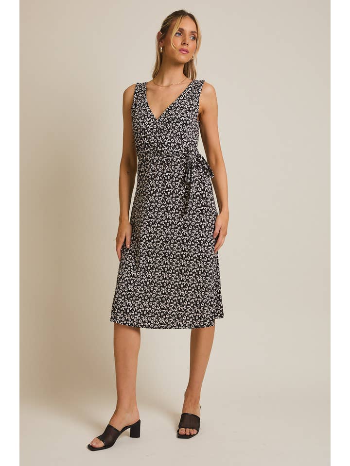BLACK IVORY SLEEVELESS FAUX WRAP SIDE TIE MIDI DRESS for wholesale on Faire