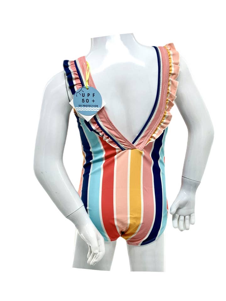 MARINA WEST SWIM - Wholesale One Piece Swimsuit - Kids - Tank 1pc with Ruffle Around Shoulder Upf 50+ Multi Stripe