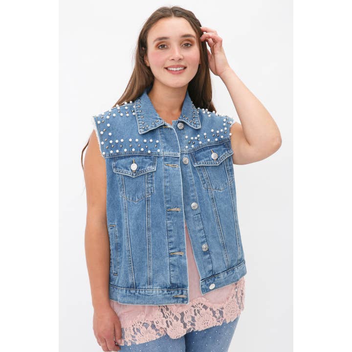 PLUS SIZE PERLEDEKORERET KNAP FORAN ÆRMELØS DENIM VE for engroshandel hos VOCAL