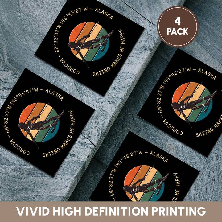 3dRose - Wholesale Coasters - 3dRose, Cordova, Alaska. Woman skier. Yellow, black. Downhill skiing gift, Coaster5