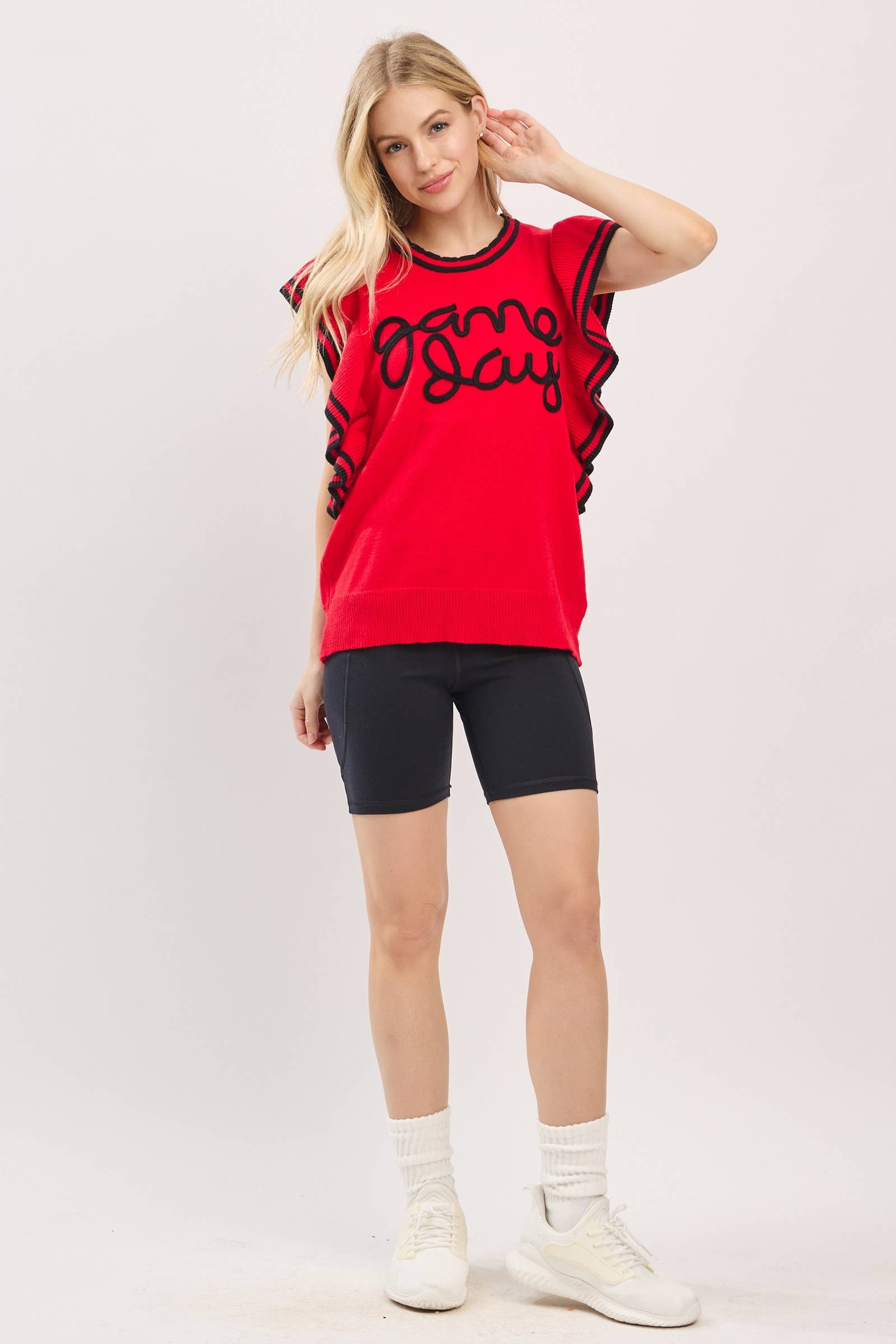 Sewn and Seen - Vente Haut en maille – femme - Haut en maille de jour de match à manches volantées style universitaire3