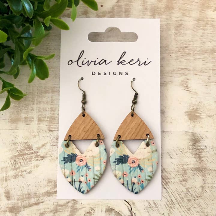 Josie - Mint Floral Cork on Leather Dangle Earrings for wholesale by Olivia Keri Designs