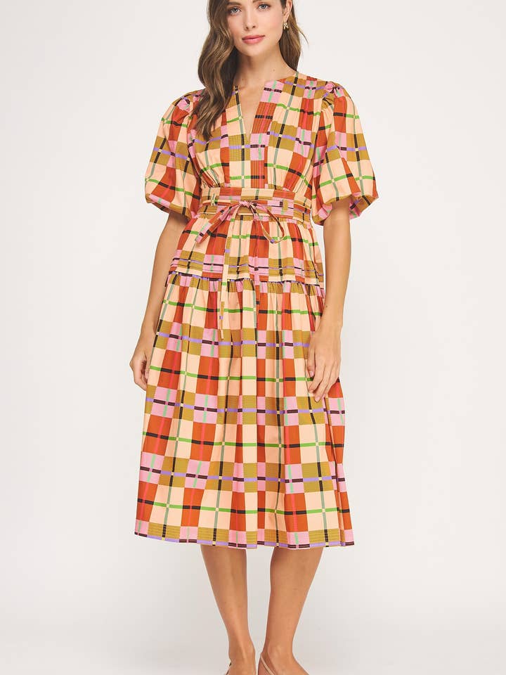 Puff Sleeve Plaid Midi Dress for wholesale by Strut & Bolt