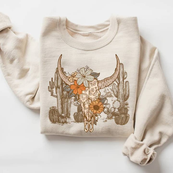 Sweatshirt Désert de l'Ouest Crâne de Vache Léopard Cactus pour la vente par Eleven Fashion