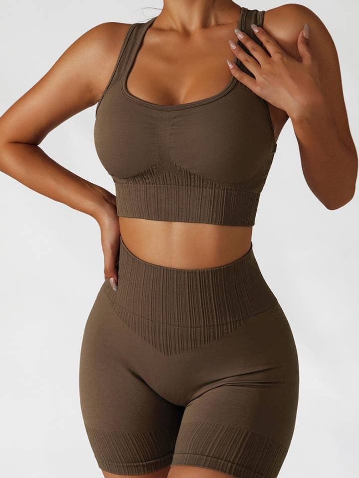 Active by Anna-Kaci – wholesale Activewear set – Women′s – Racerback Sports Bra & Sculpting High Waist Shorts Set3