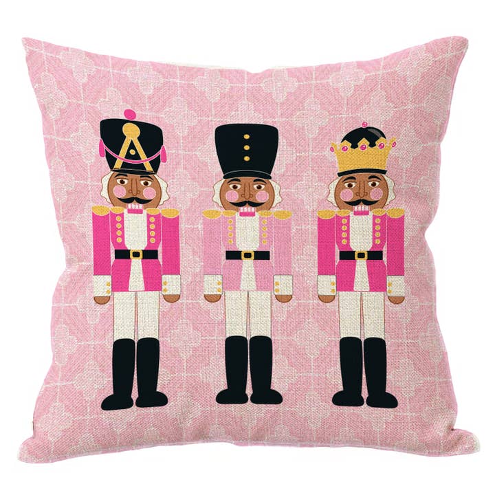 PI7057-Black Nutcrackers on Pink Linen Pillow for wholesale by Marye-Kelley