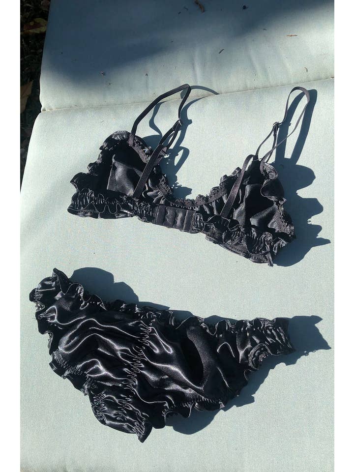 Clare Bare - Wholesale Bralette - Women's - Florid Bralette in Black Deadstock Satin