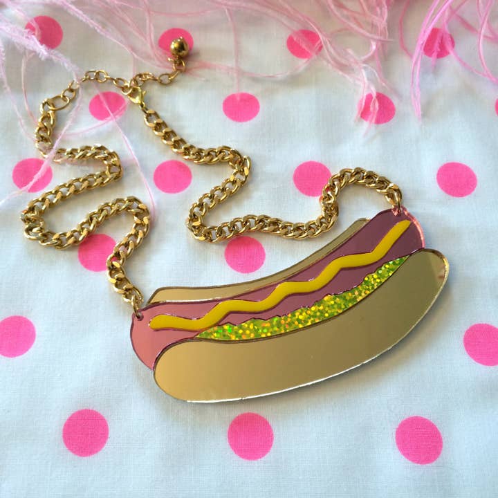 I'm Your Present - Wholesale Pendant/Charm Necklace - Hot Dog Laser Cut Acrylic Food Necklace, Laser Cut Acrylic, Plastic Jewelry1