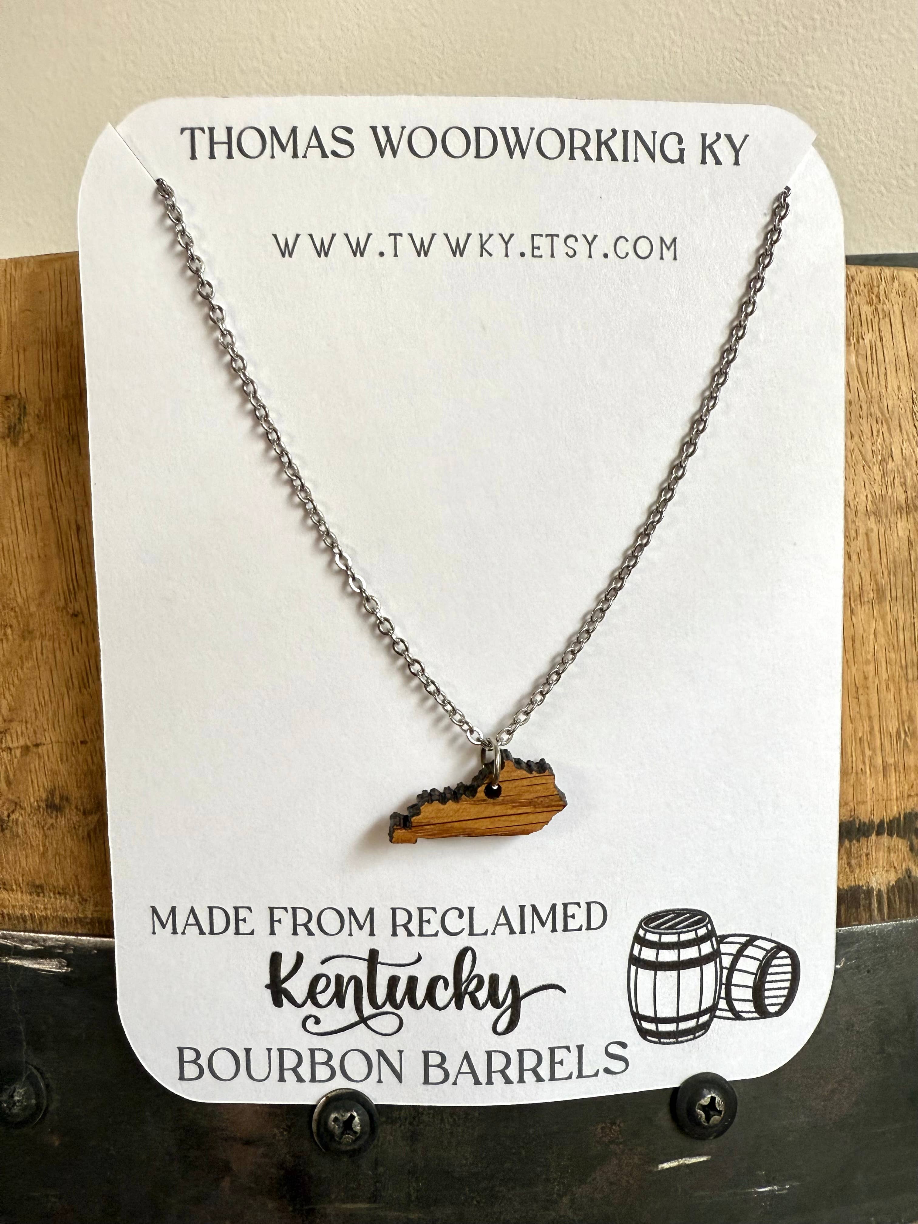 Brown Wood Kentucky Necklace made from Kentucky Bourbon Barrels. for wholesale on Faire9