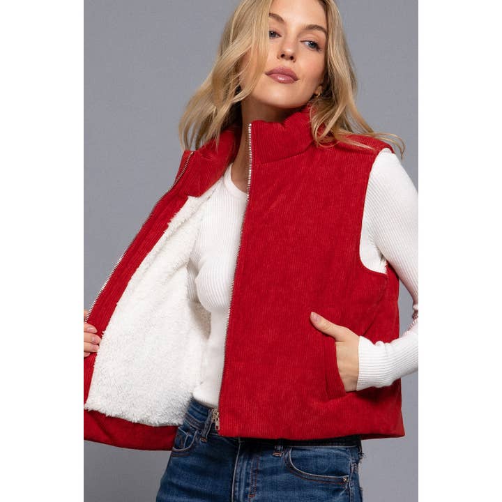 HIGH NECK INNER FAUX FUR ZIP UP CORDUROY PUFFER VEST for wholesale by Apolline