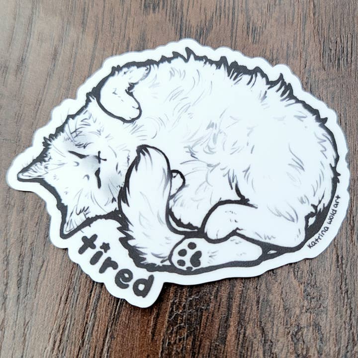 Tired Cat Vinyl Sticker for wholesale by Katrina Wold Art