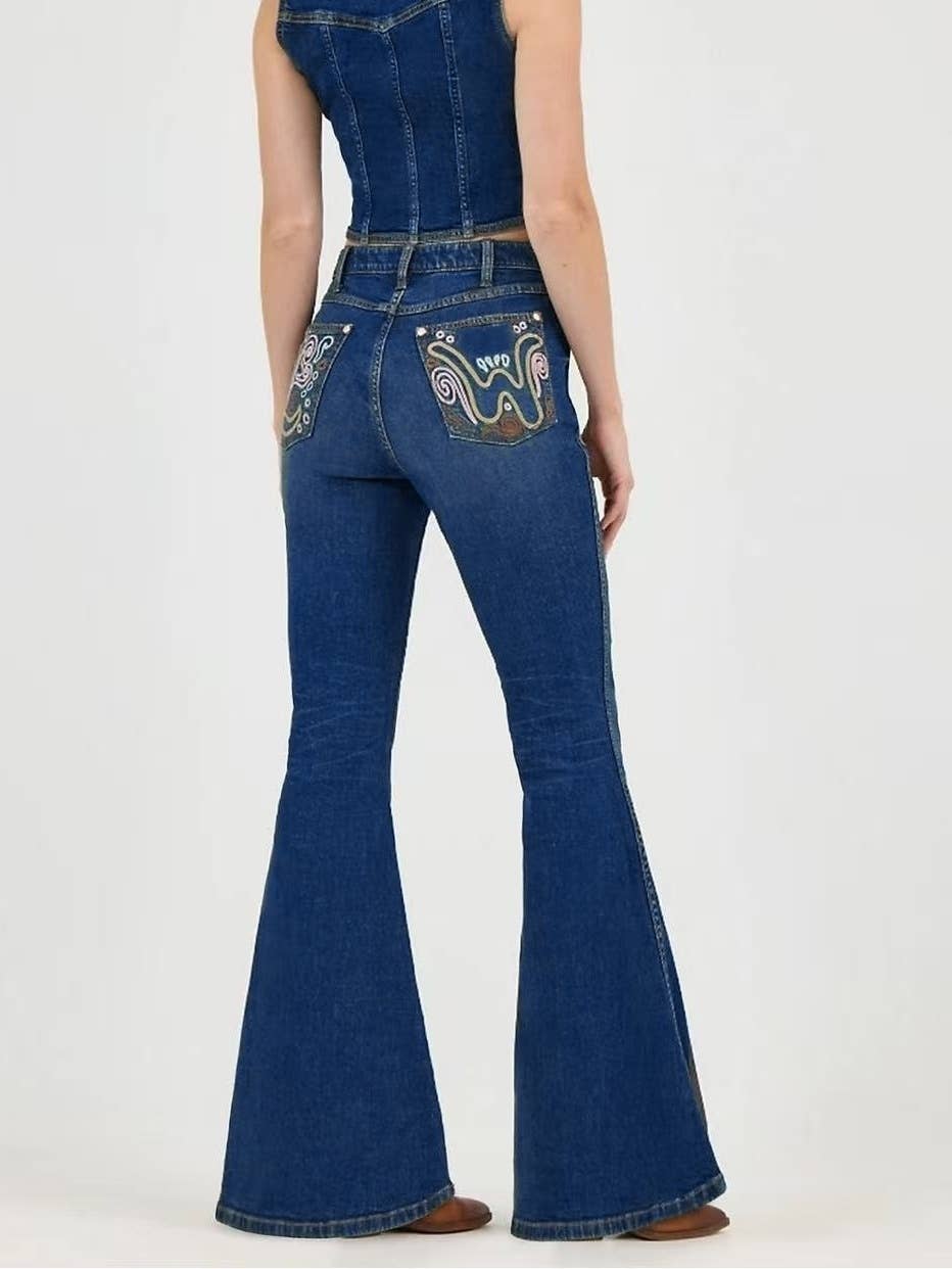 Blue Wild Western Floral Vine Embroidered flare jeans for wholesale on Faire3