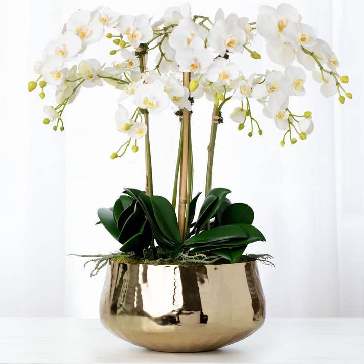 Vivian Rose LLC - Wholesale Artificial Flowers - Faux orchid arrangement with white orchids in gold pot - 26"