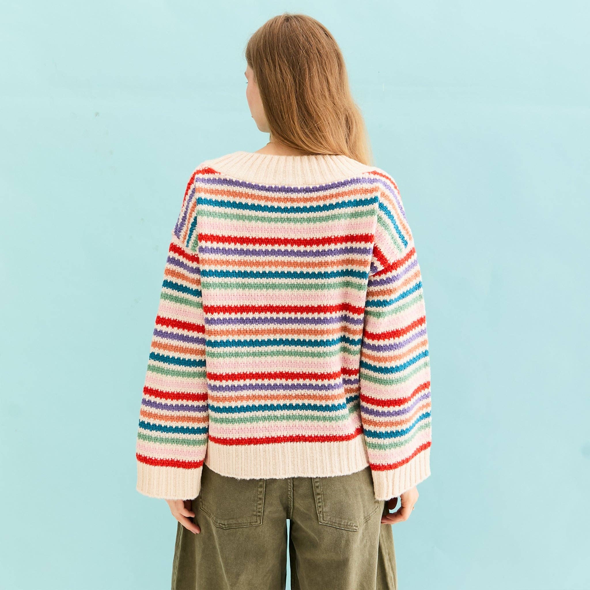 Cara & The Sky - Wholesale Knit Sweater - Women's - Jasmine Wide Sleeve V Neck Striped Jumper - Off White6