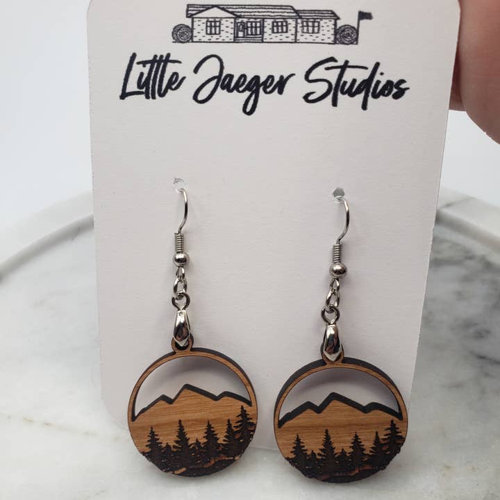 Little Jaeger Studios - Wholesale Dangle Earrings - Handmade Wooden Engraved Rustic Mountain Earrings2