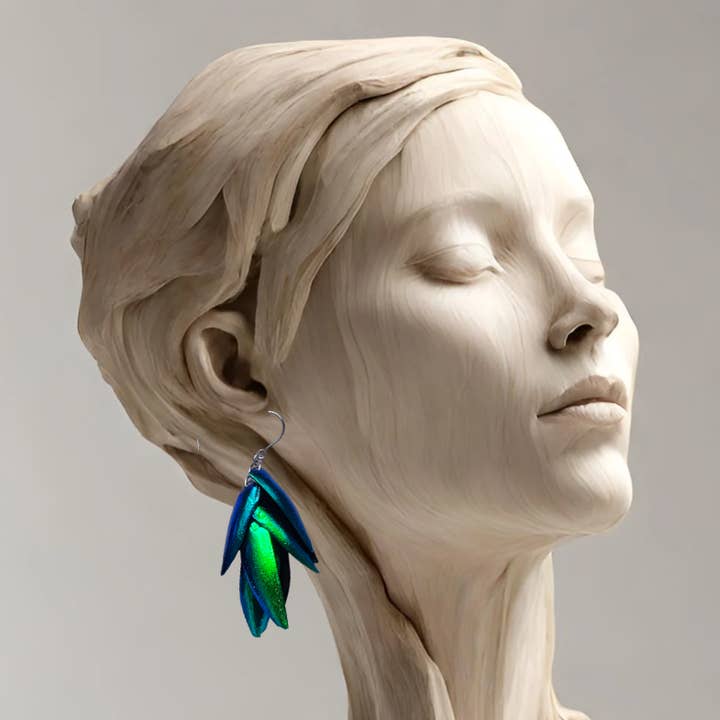 Isms – wholesale Dangle earrings – Green Real Beetle Wing Earrings - Wings of Invasive Elytra Beetles - Surgical Steel