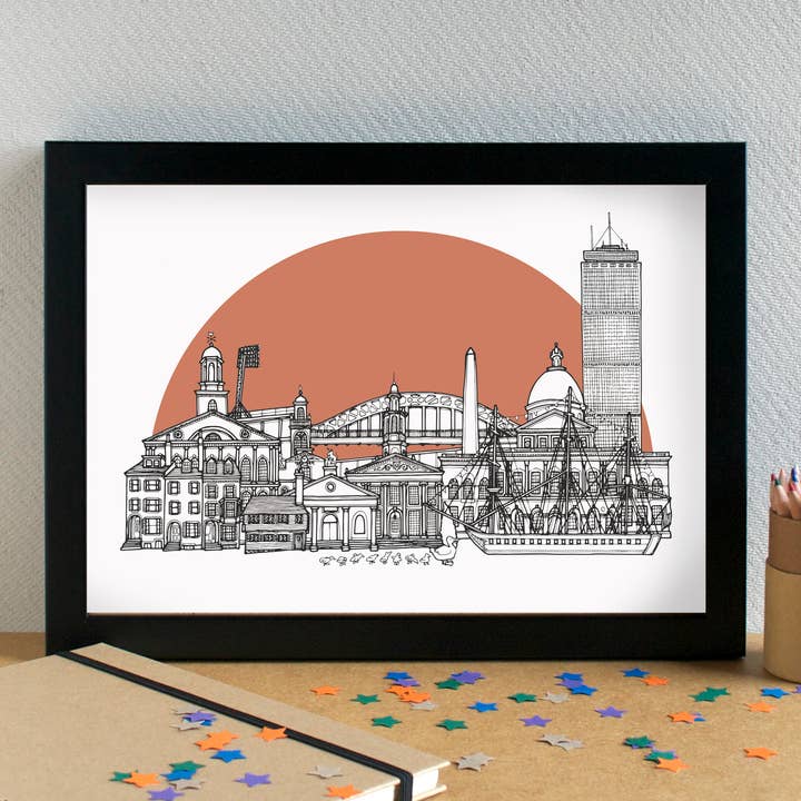 Boston Skyline Landmarks Art Print - unframed for wholesale by Becka Griffin Illustration