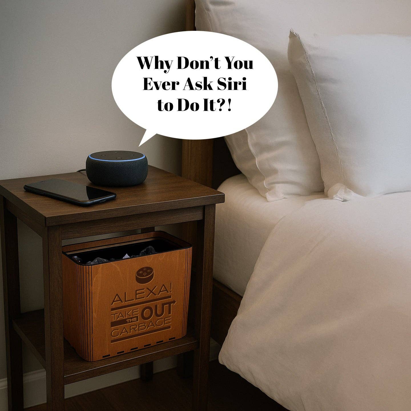 Brown Slim Trash Can - "Alexa! Take Out the Garbage" - Wooden Garbage Bin for wholesale on Faire3