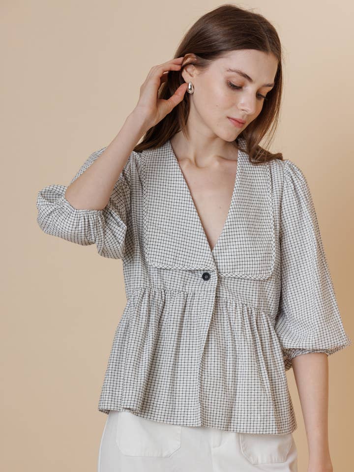 Windowpane Check Sailor Collar Peplum Blouse for wholesale by A & SHE