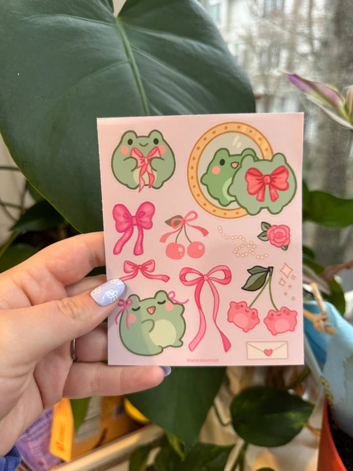 Foglio di adesivi "Nastri e Rana (Coquette)" per la vendita all'ingrosso da parte di Planet Bunnie
