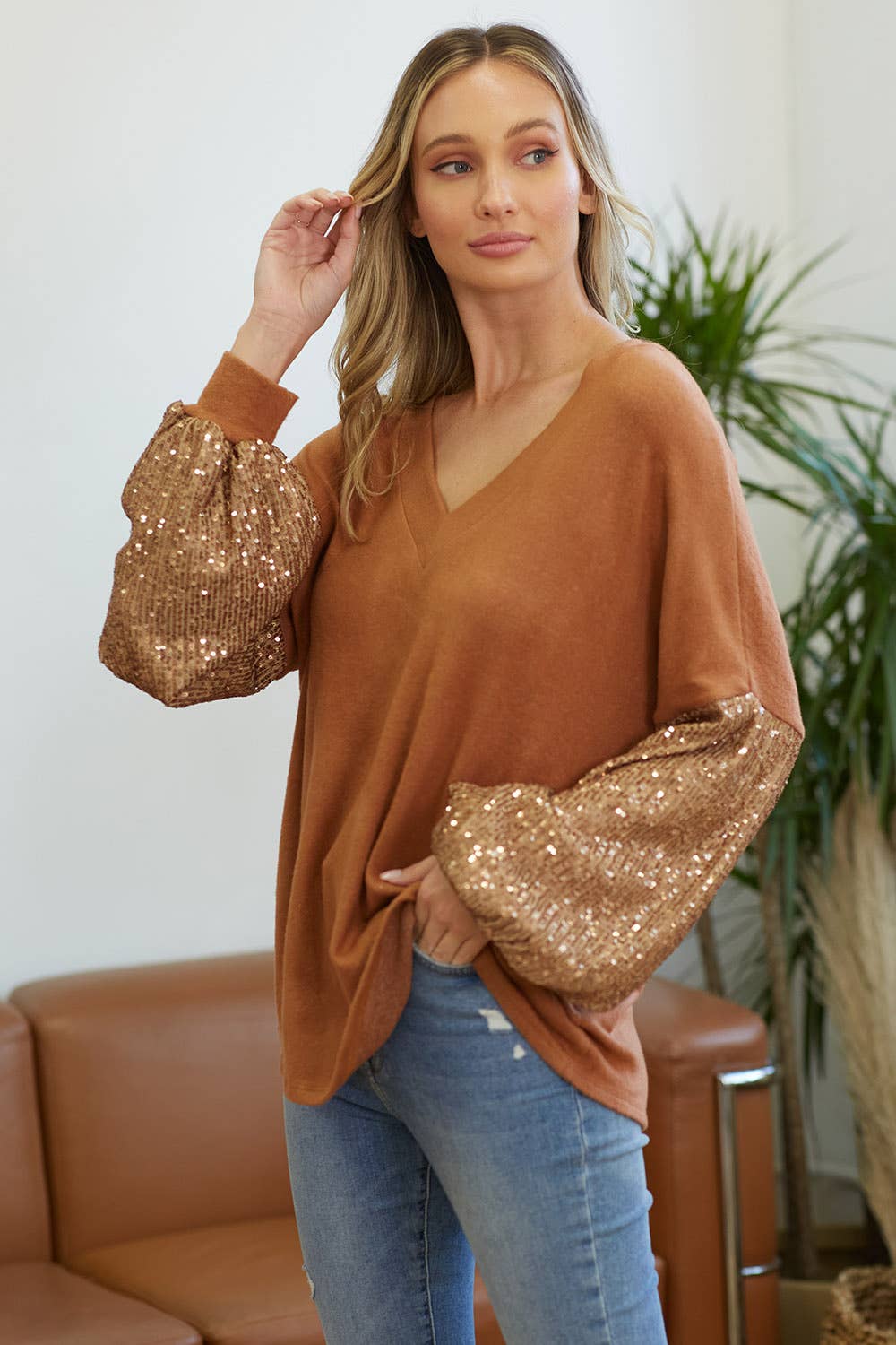 lovely melody – Túnica - Mulher por atacado – TÚNICA DE MANGA BALÃO DE LANTEJOULAS COM DECOTE LMT2869-V5