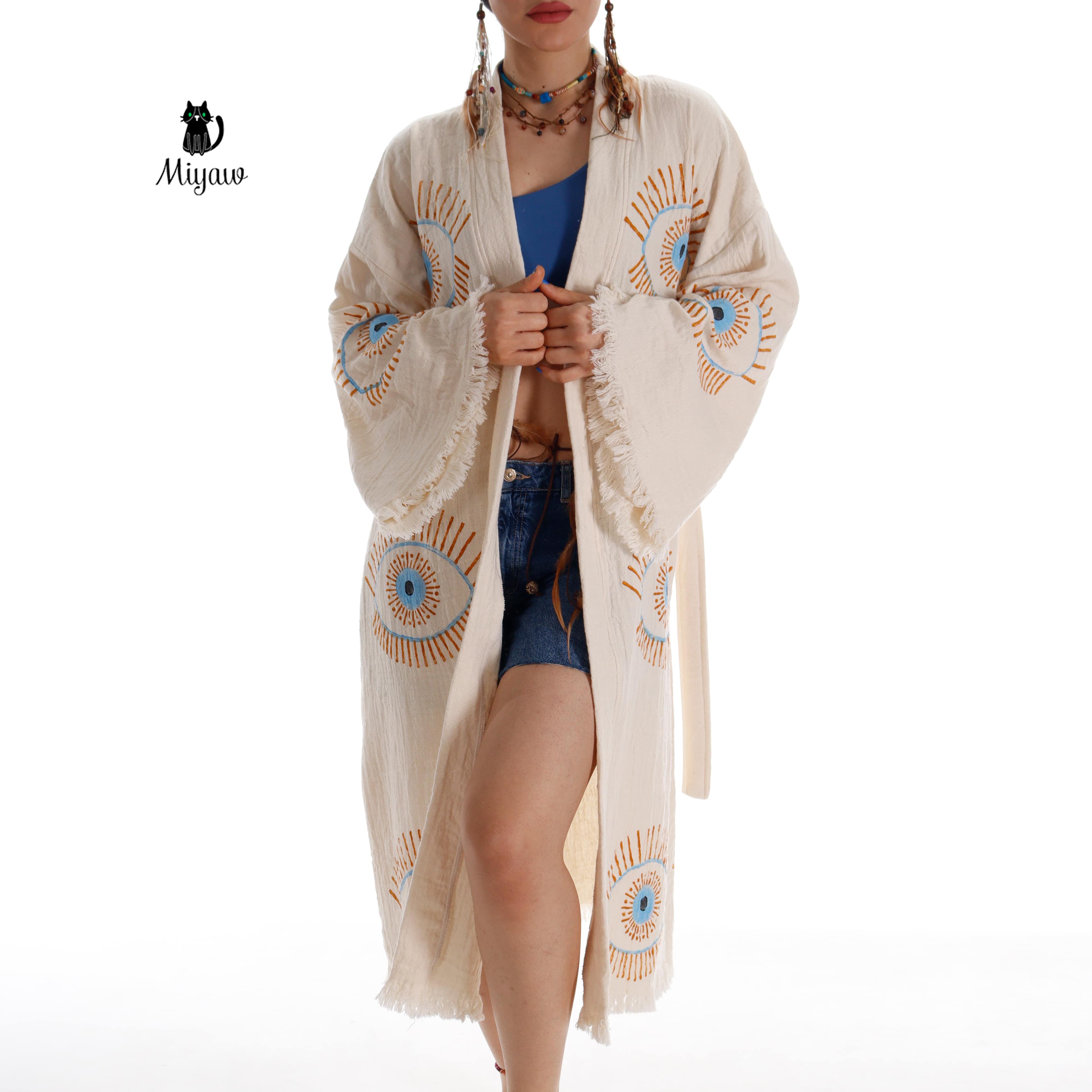 Beige Evil Eye Inspired Blue Caftan - Wholesale Boho Chic Essential for wholesale on Faire3
