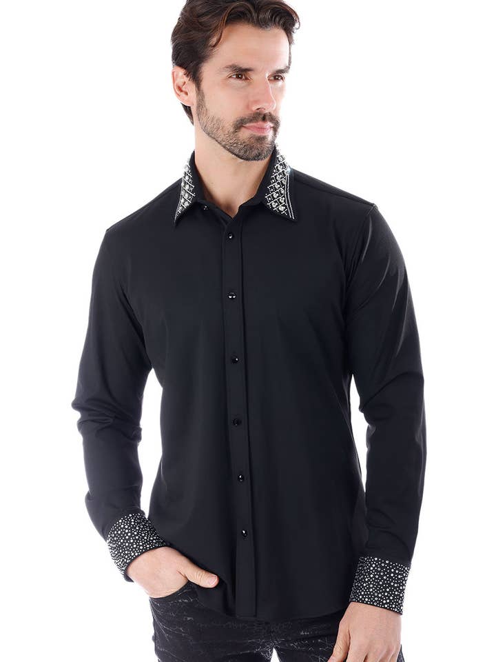 Men's Rhinestone Collar Cuff Long Sleeve Shirt 3B29 for wholesale by BARABAS