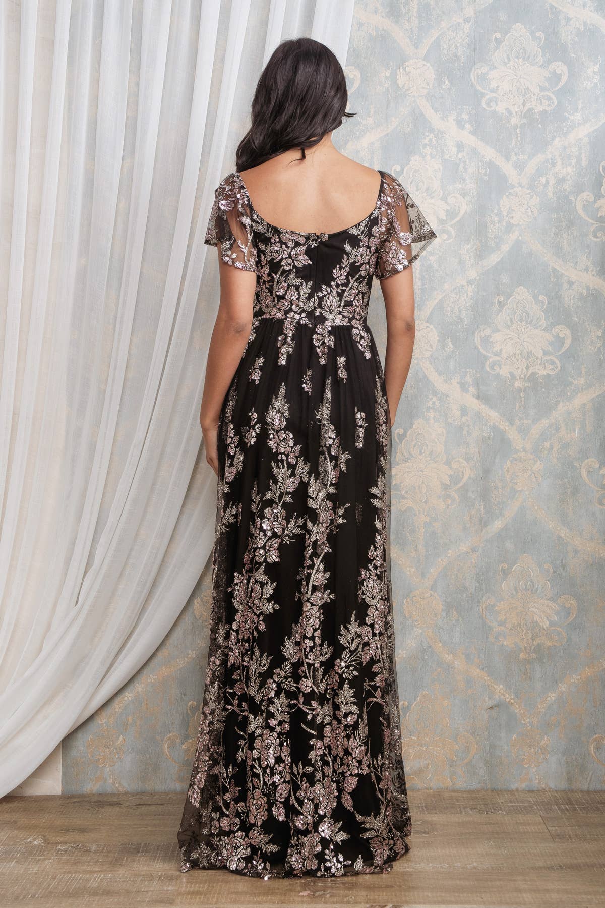 Rosemore Couture - Wholesale Gown - Women's - Glitter Sequined Flutter Sleeve Maxi Dress 3