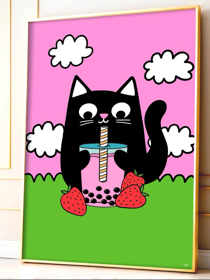 Bubble Tea Cat Print – Fun Feline Wall Art for wholesale by The Paper Tail