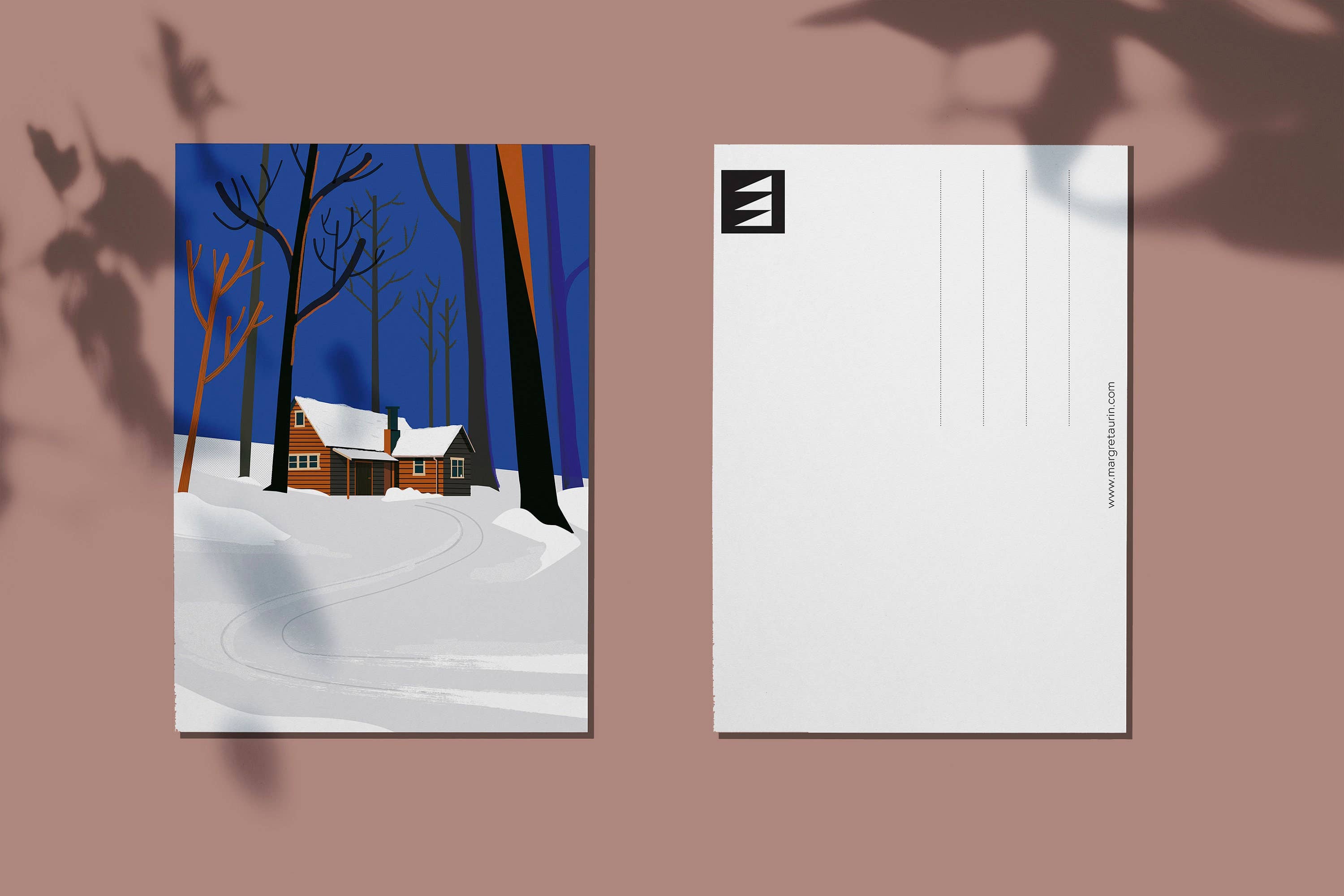 Margret Aurin - Vendita all'ingrosso Cartoline - Cartolina CASA DELLA NEVE, illustrazione invernale, casa nel bosco con3