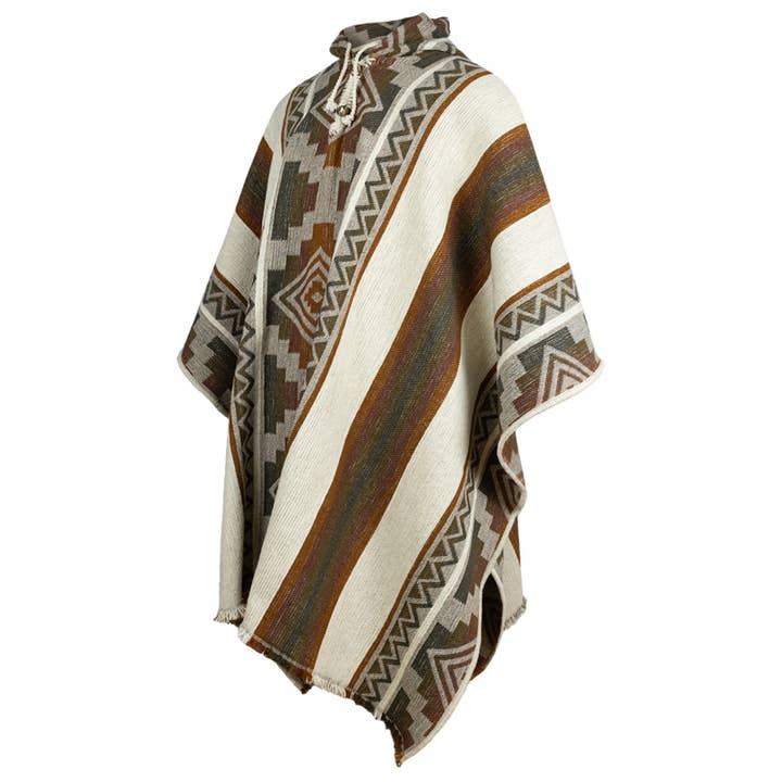 Nunka - Llama Wool Unisex South American Handwoven Thick Hooded Poncho - Andean pattern - natural colours for wholesale by ECUALAMA