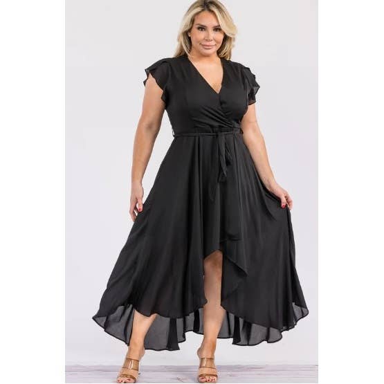 Curve Market - Wholesale Dress - Women's - PLUS SIZE SURPLICE WRAP RUFFLE SLEEVE MIDI DRESS