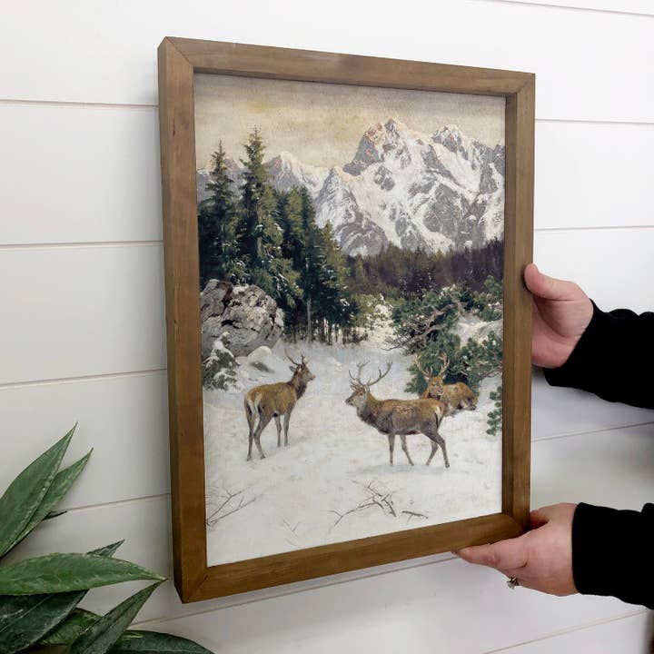 Winter Deer Mountains - Cabin Wall Art - Framed Animal Decor for wholesale by Hangout Home