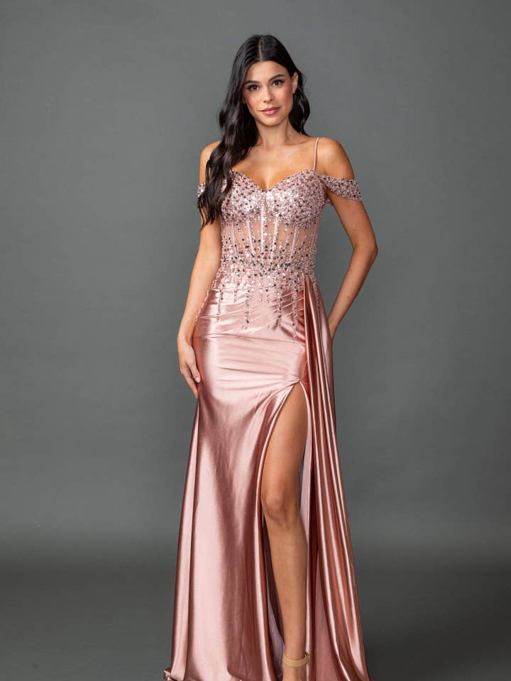 Off-Shoulder Sequin Embellished Sheer Corset Prom Dress with for wholesale by Dancing Queen Dress