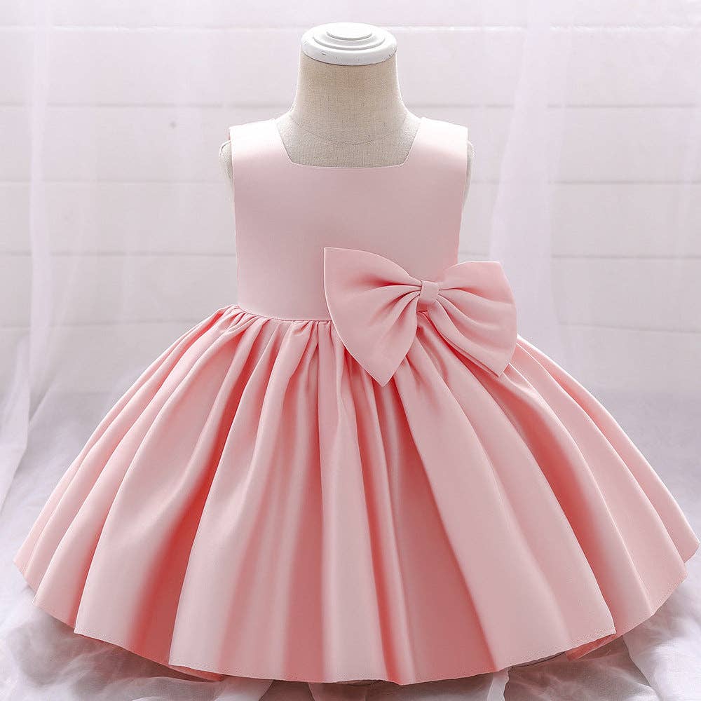 MyKids-USA® - Wholesale Dress - Baby - Baby Girl Solid Color Bow Patched Design Sleeveless Western Style Satin Dress6