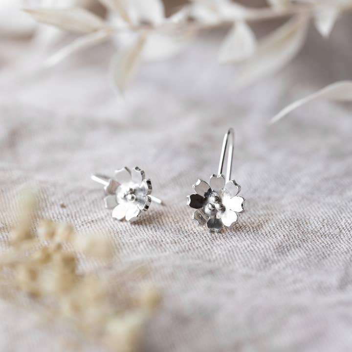 Dangly Silver Flower Hook Earrings for wholesale by Anna Calvert Jewellery