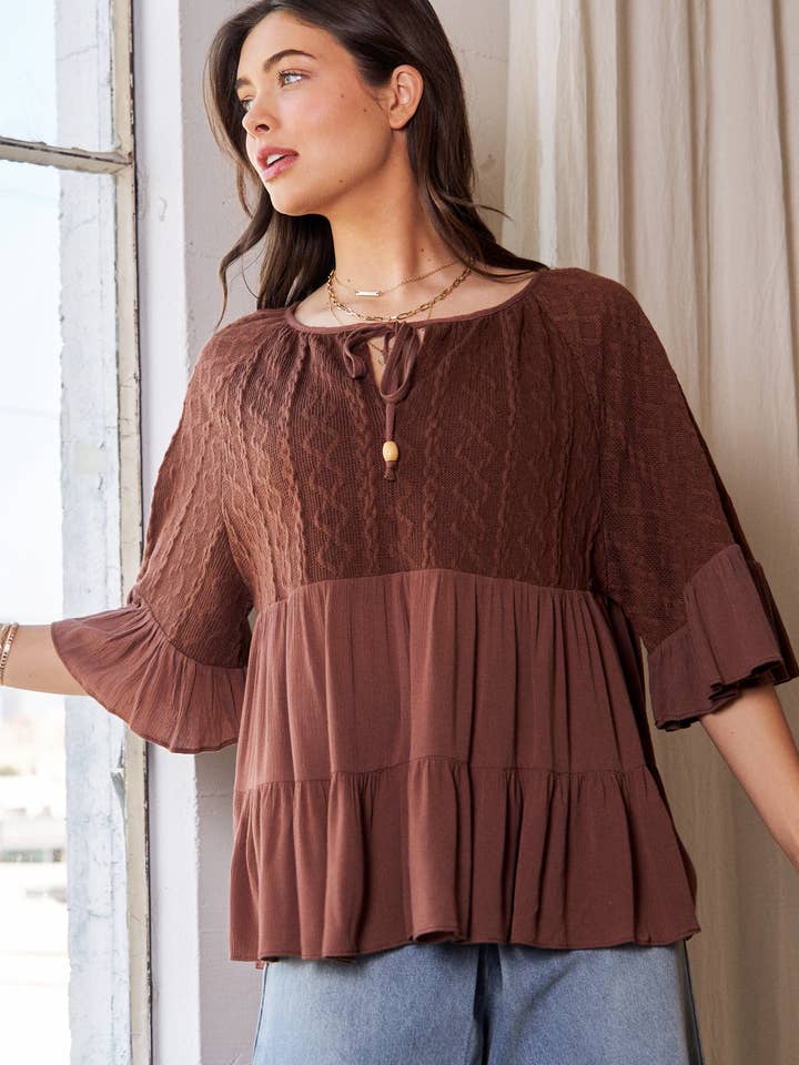 Brown SOLID ROUND NECK RUFFLE SHORT SLEEVE TOP for wholesale on Faire