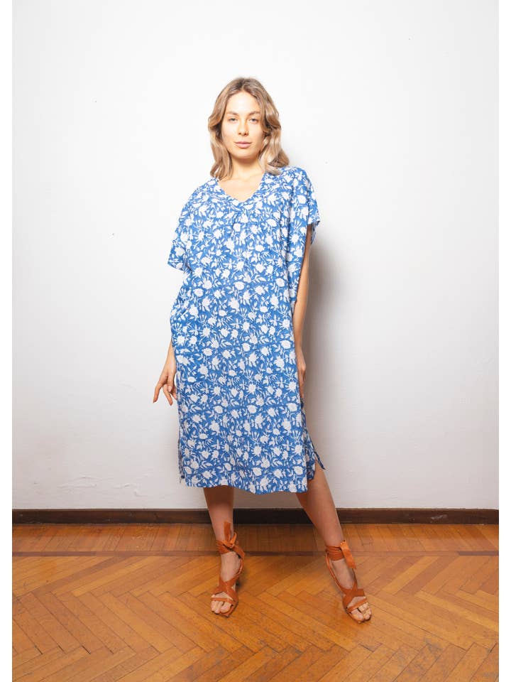 MALINI FASHION DESIGN PRIVATE LIMITED - Wholesale Kaftan - Women's - Caftano in cotone leggero colore Blue e Bianco - DULARI011