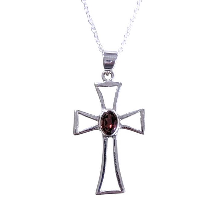 SALE Trinity Garnet Sterling Cross Pendant Necklace for wholesale by Saraswati Imports