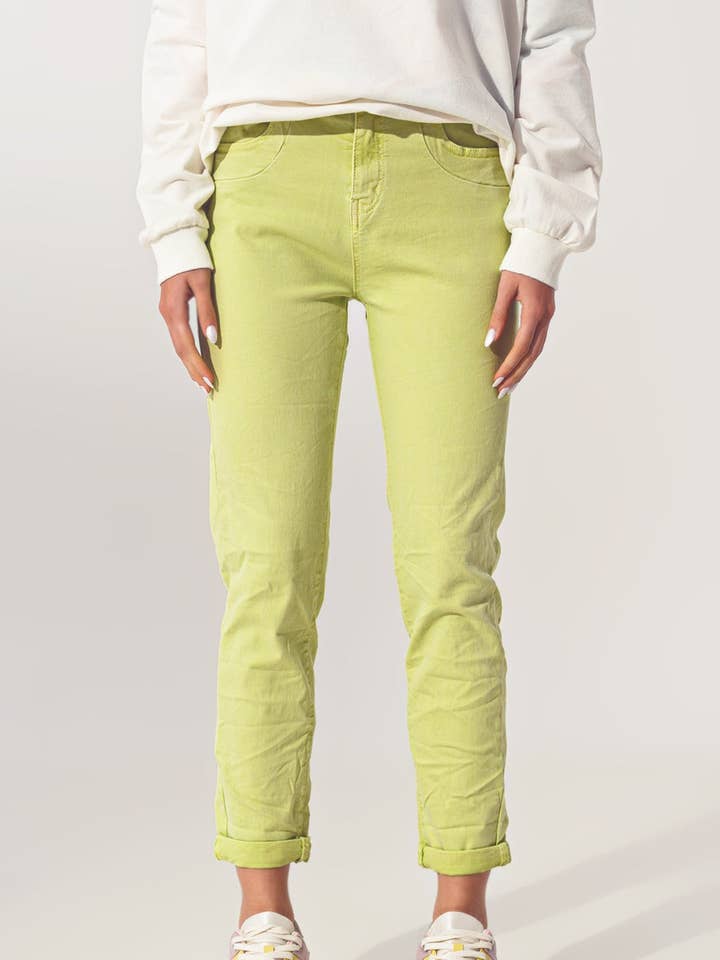 Wrinkled Skinny Jeans in Lime Green for wholesale on Faire0