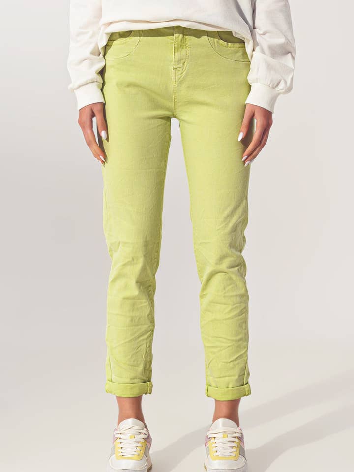 Wrinkled Skinny Jeans in Lime Green for wholesale on Faire