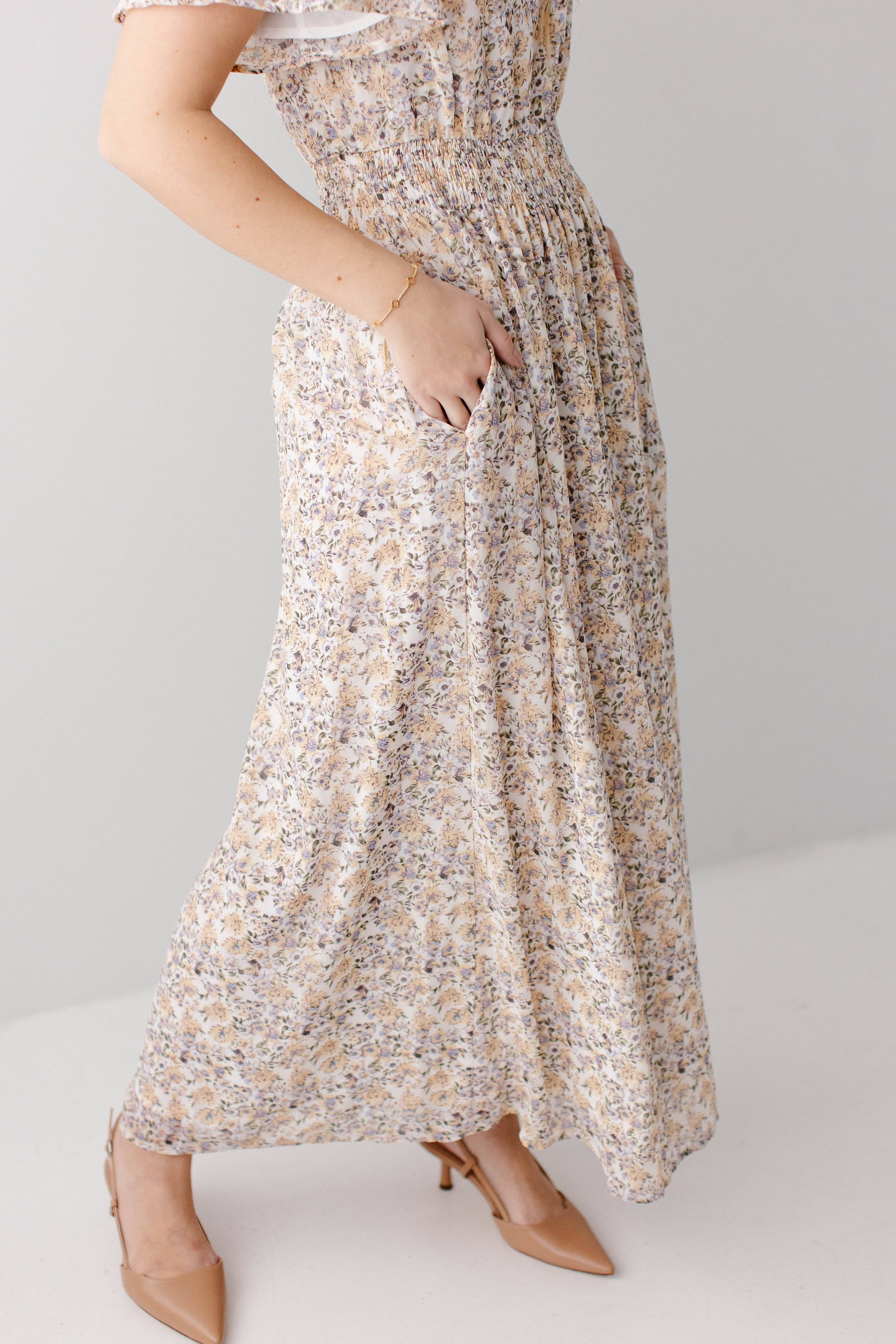 Ivory 'Felicity' Floral Print Smocked Waist Maxi Dress for wholesale on Faire5