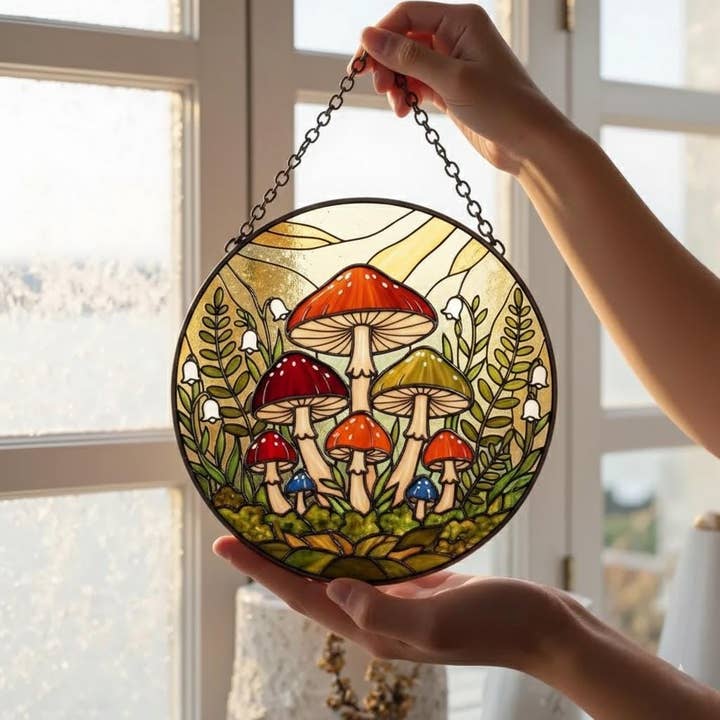 Mushroom Stained Glass Suncatcher, Forest Home Ornament for wholesale by TMLECOM LTD