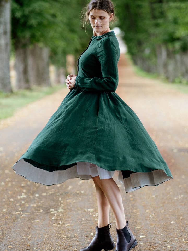 Night Garden Classic – Midi Linen Dress with Peter Pan Collar for wholesale on Faire13