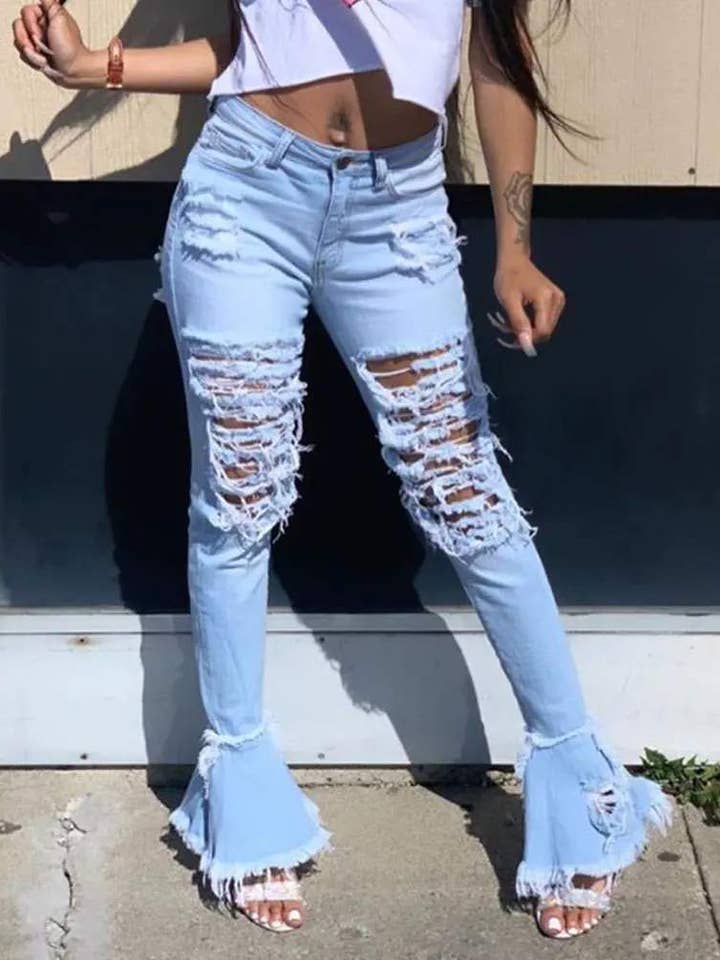 Flarix - Wholesale Jeans - Women's - ripped bell bottom fringe hem denim pants4